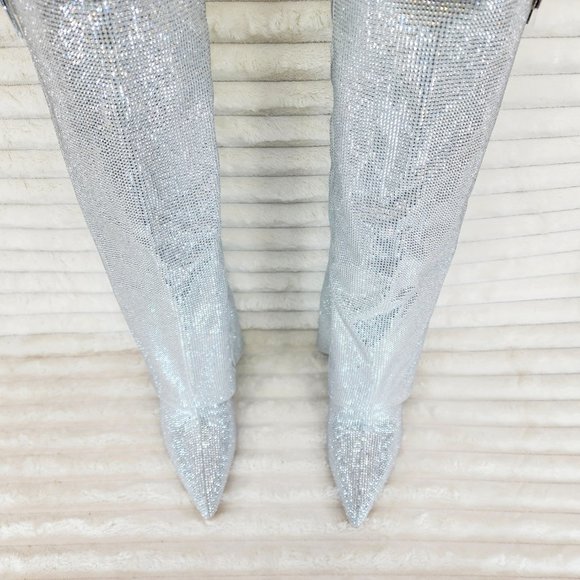 Super Sparkle Sharky Silver Rhinestone Skirted Fold Over Wedge Heel Knee Boots - Picture 7 of 12